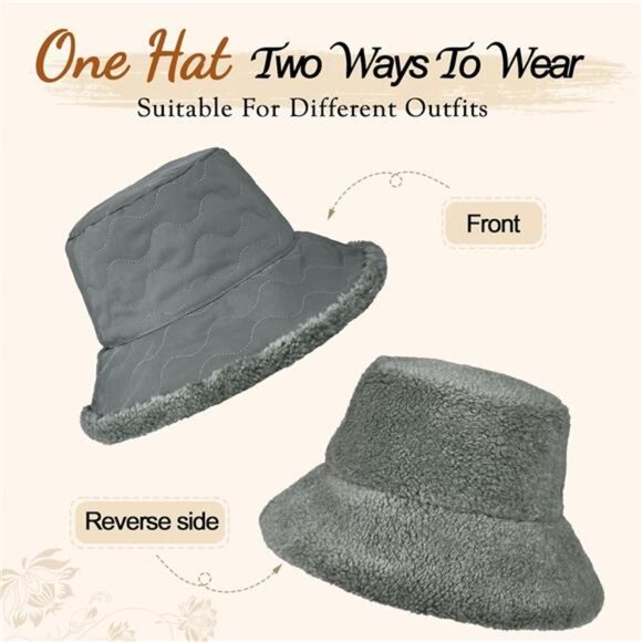 Women\'s Fuzzy Bucket Hat Wide Brim Faux Fur Winter Warm Hat, Gray main image 5